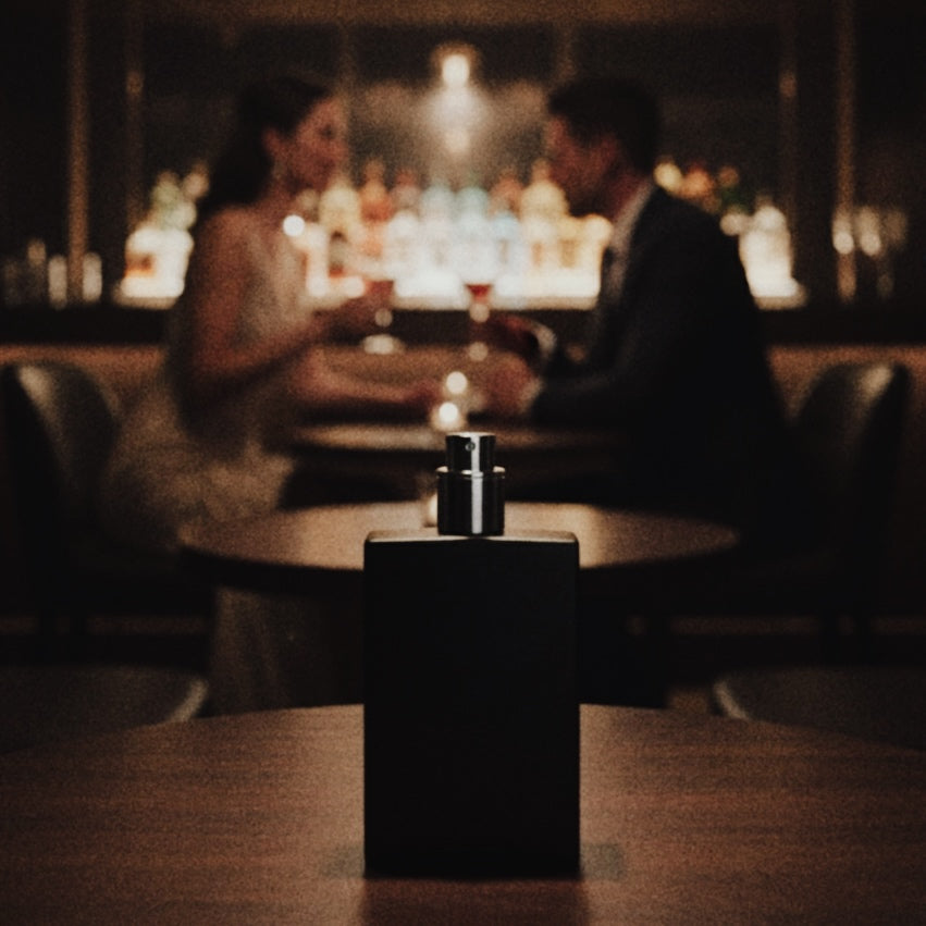 Black perfume bottle on a table with a blurred background of a couple in a restaurant.