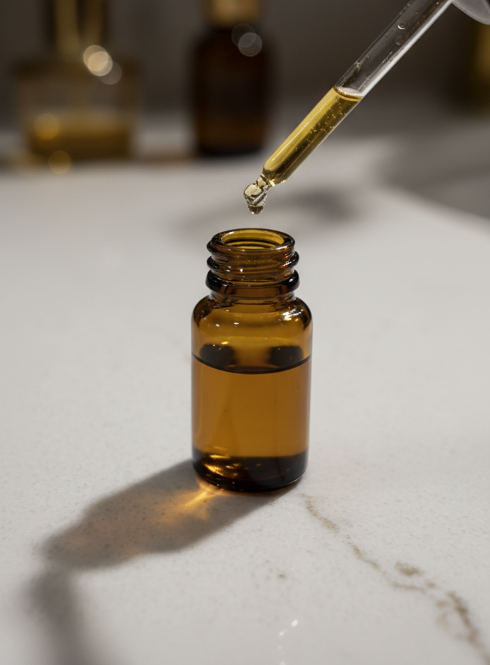 Amber glass dropper bottle with a dropper on a light surface