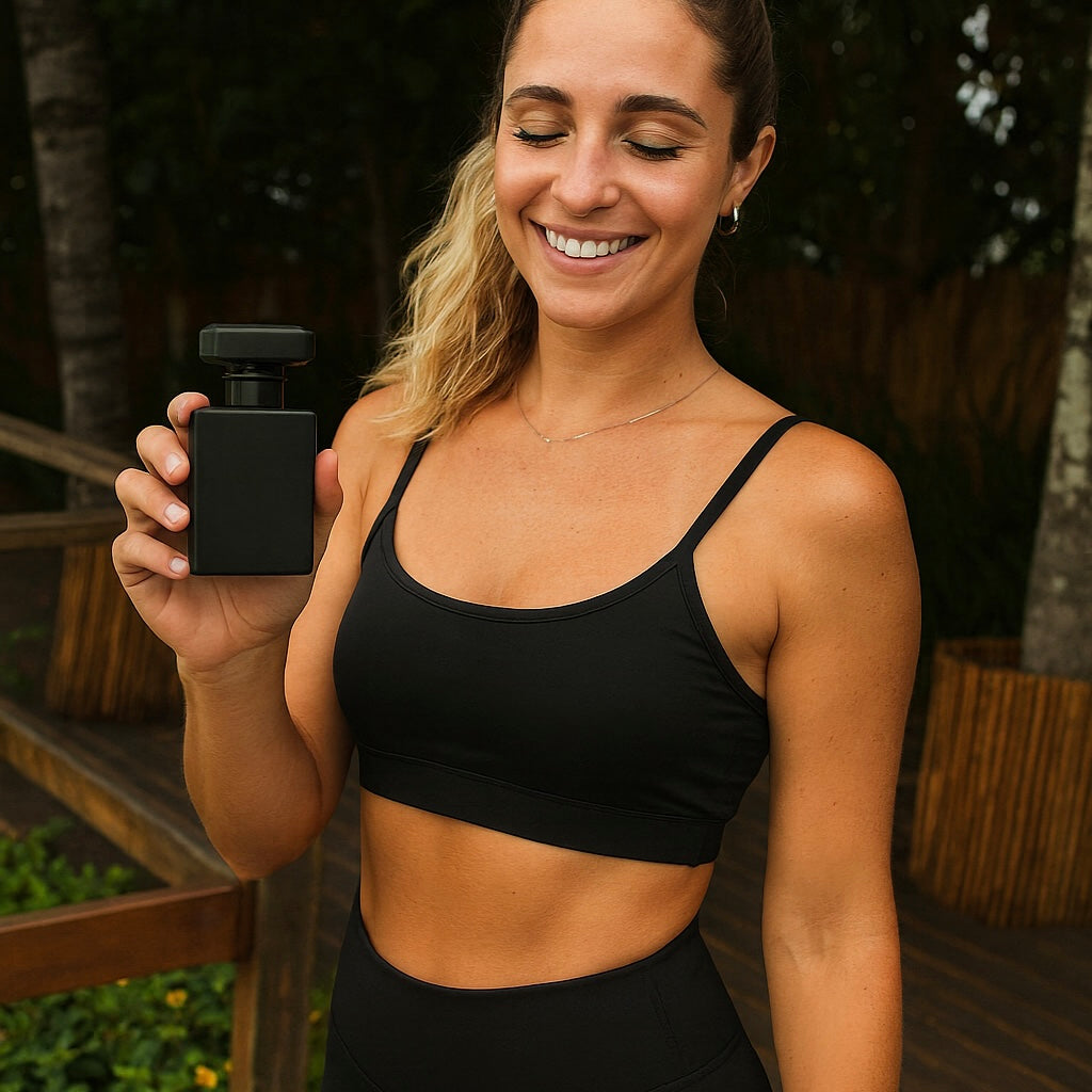 Woman holding a black perfume bottle outdoors