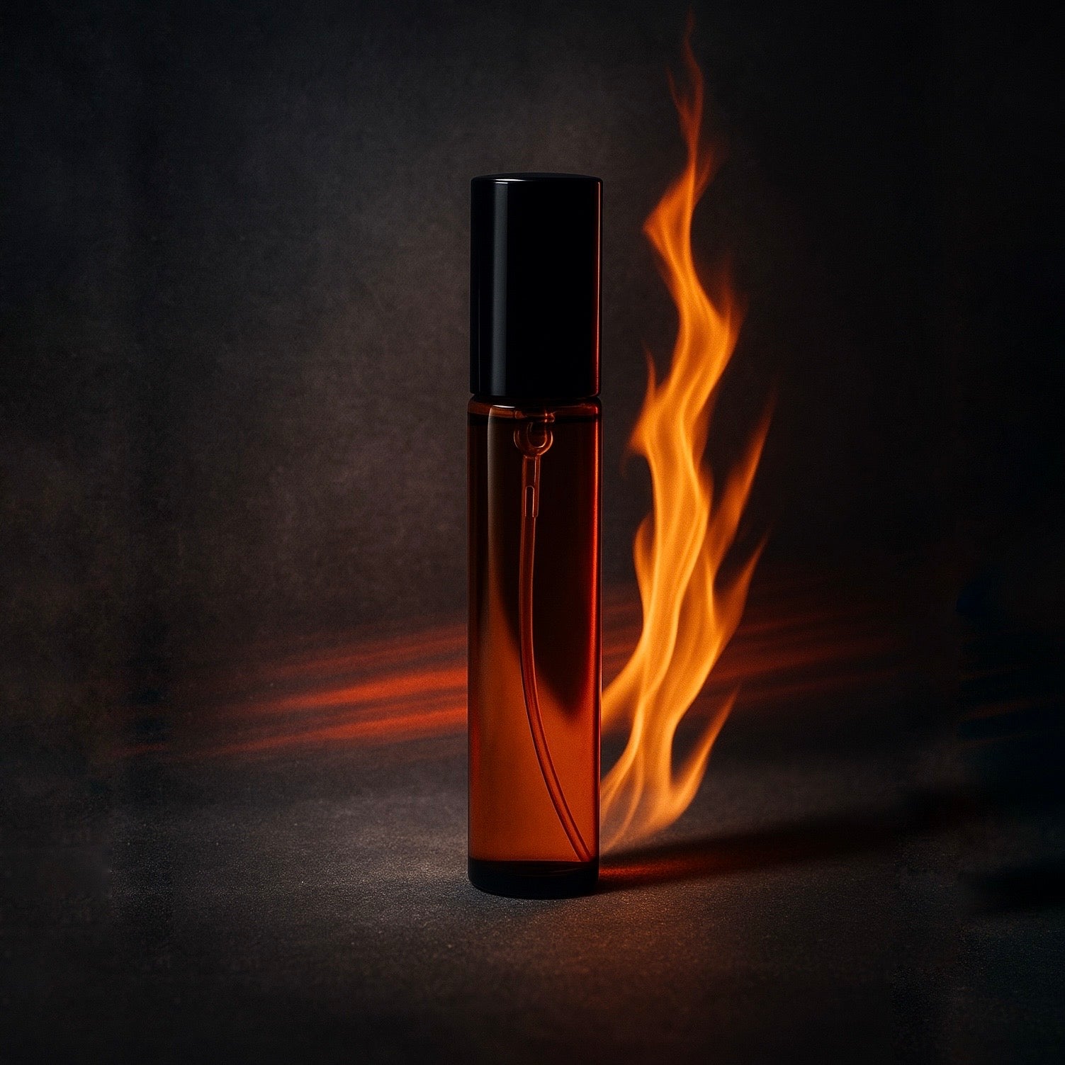 Perfume bottle with flames on a dark background