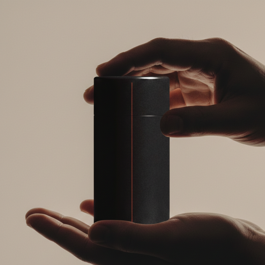 Hand holding a black Ammosyn deodorant stick against a beige background